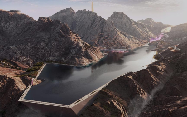 Imaginative illustration of Wadi Lake in the Trojena project in NEOM. (Media Center of NEOM)