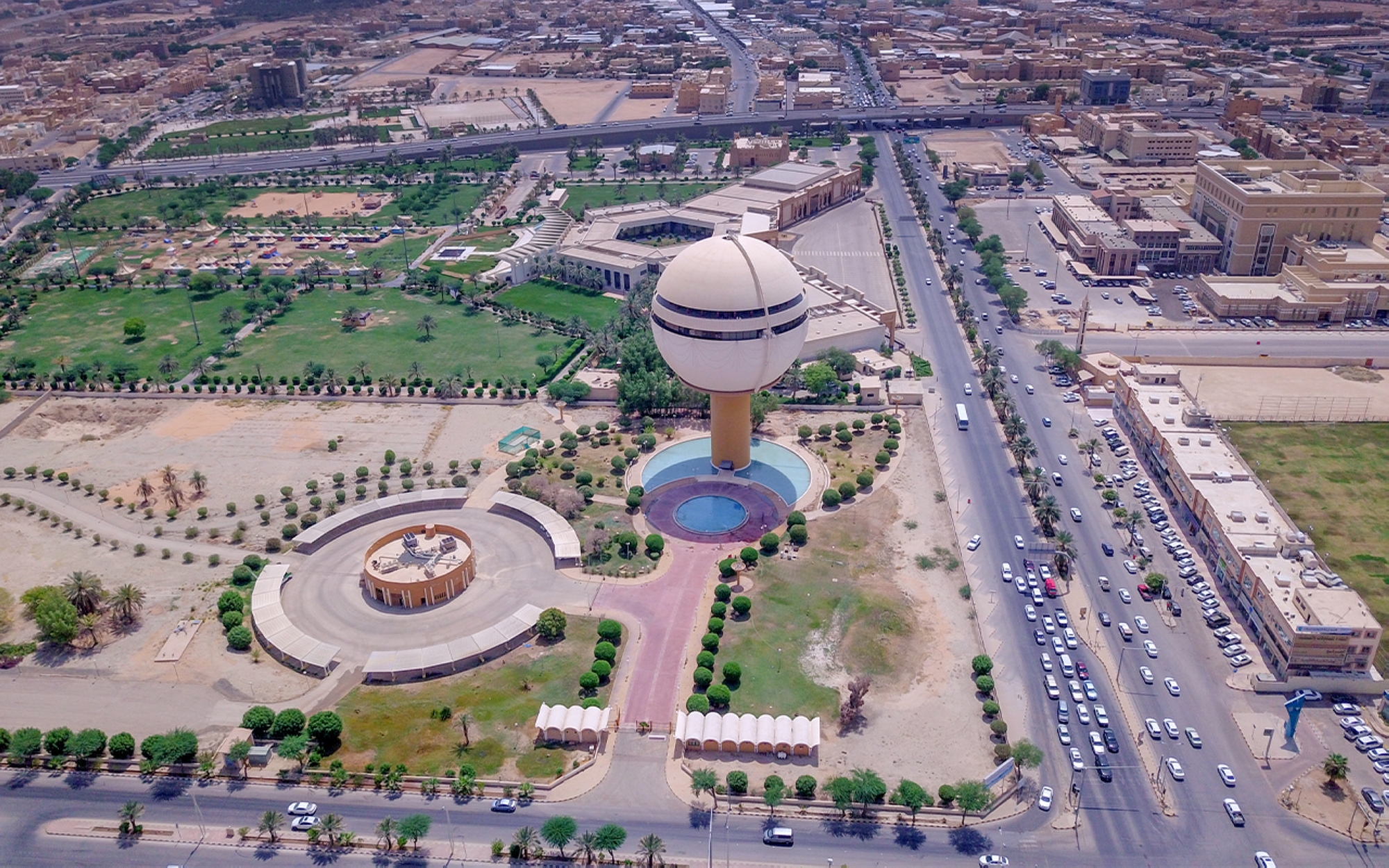 An aerial view of Buraidah City showing the water tower and King Khalid Cultural Center. (SPA)