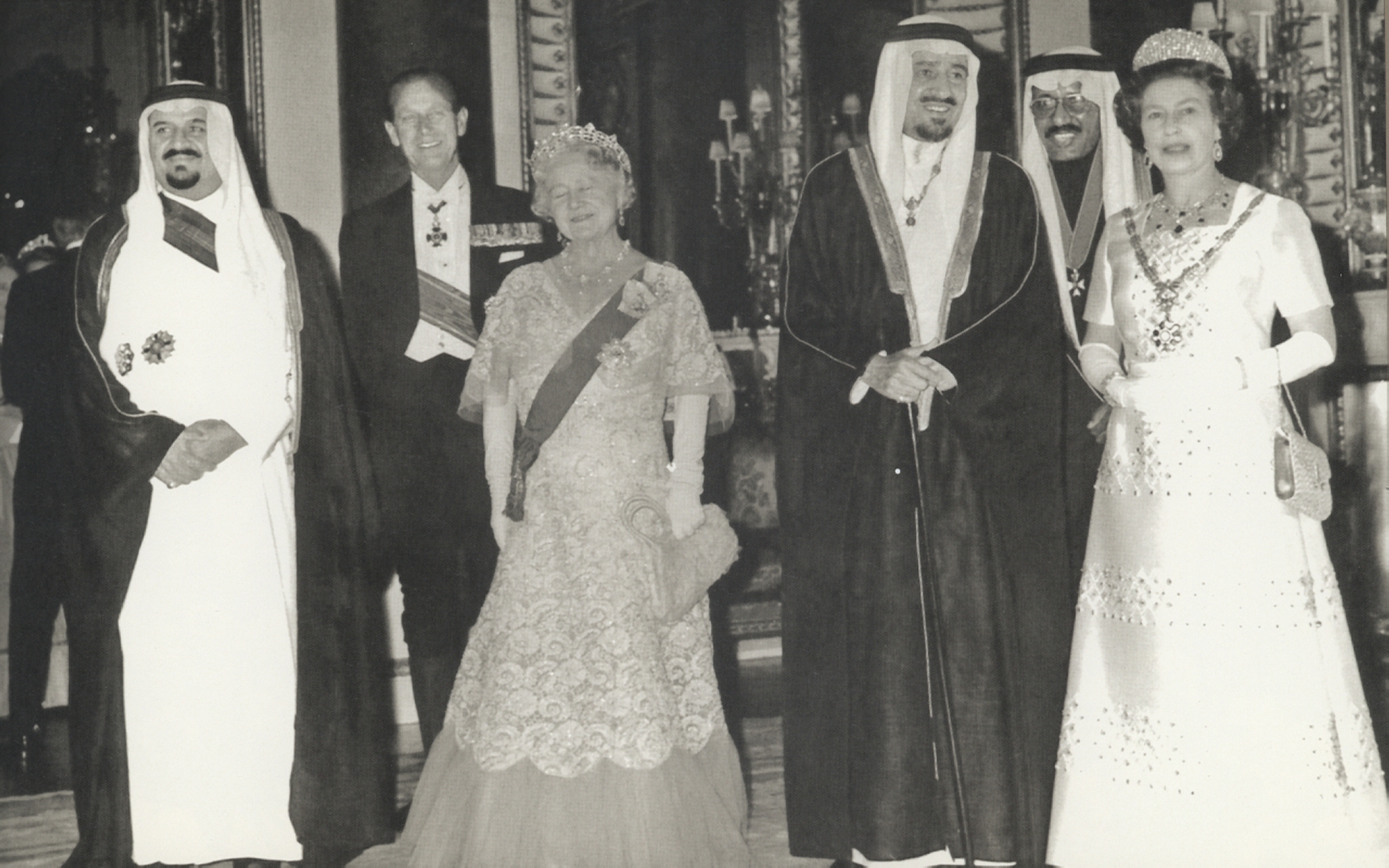 King Khalid Bin Abdulaziz with Queen Elizabeth, Prince Sultan Bin Abdulaziz, Princess Margaret, and Prince Philip, Duke of Edinburgh. King Abdulaziz Foundation for Research and Archives (Darah)