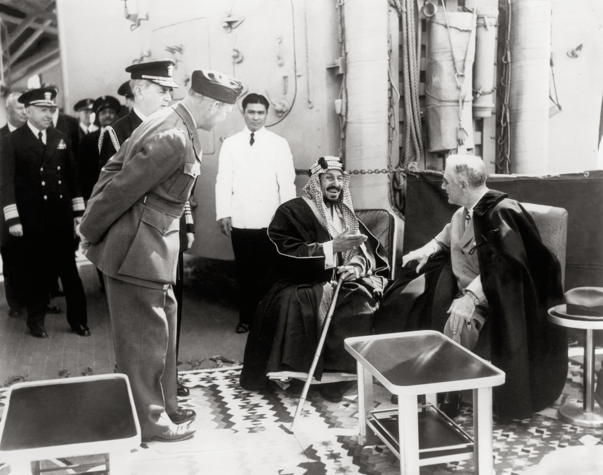 King Abdulaziz with American President Franklin Roosevelt in 1945. King Abdulaziz Foundation for Research and Archives (Darah)