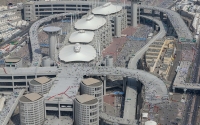 An aerial shot of bridges and buildings of Jamarat complex in Mina in Makkah al-Mukarramah. (Saudipedia)