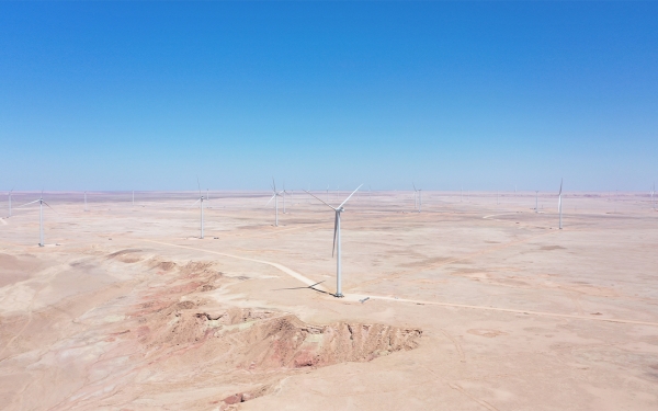 Aerial picture of turbine fans for power generation from wind energy in Dumat al-Jandal, al-Jouf Province. (Darah)