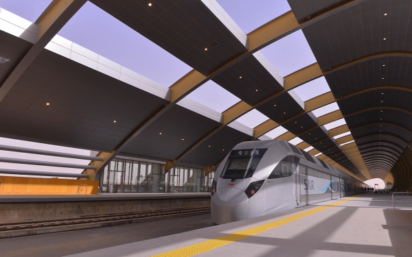 A train at one of Riyadh Metro stations during the trial operation. (SPA) King Abdulaziz Foundation for Research and Archives (Darah)