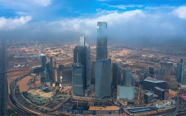 Clouds covering some of the towers of KAFD. (King Abdulaziz Foundation for Research and Archives (Darah))