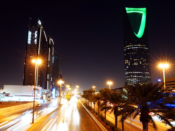 King Fahd Road in the capital Riyadh, the Kingdom Tower is visible.