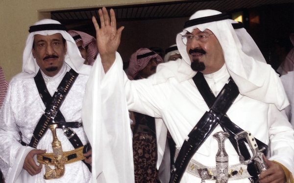 King Abdullah and King Salman at one of the celebrations of the Janadriyah Heritage and Cultural Festival. King Abdulaziz Foundation for Research and Archives (Darah)