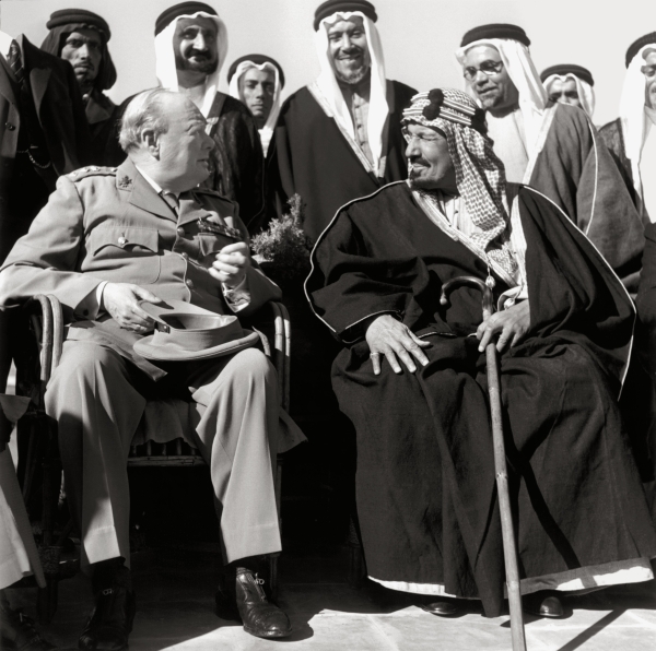 King Abdulaziz with British Prime Minister Winston Churchill in Fayoum, Egypt, in 1945. King Abdulaziz Foundation for Research and Archives (Darah)