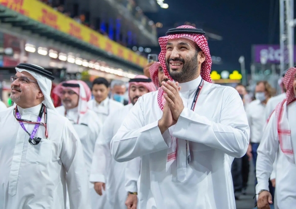 The Crown Prince watches the Formula 1 stc Saudi Arabian Grand Prix in Jeddah. (SPA)