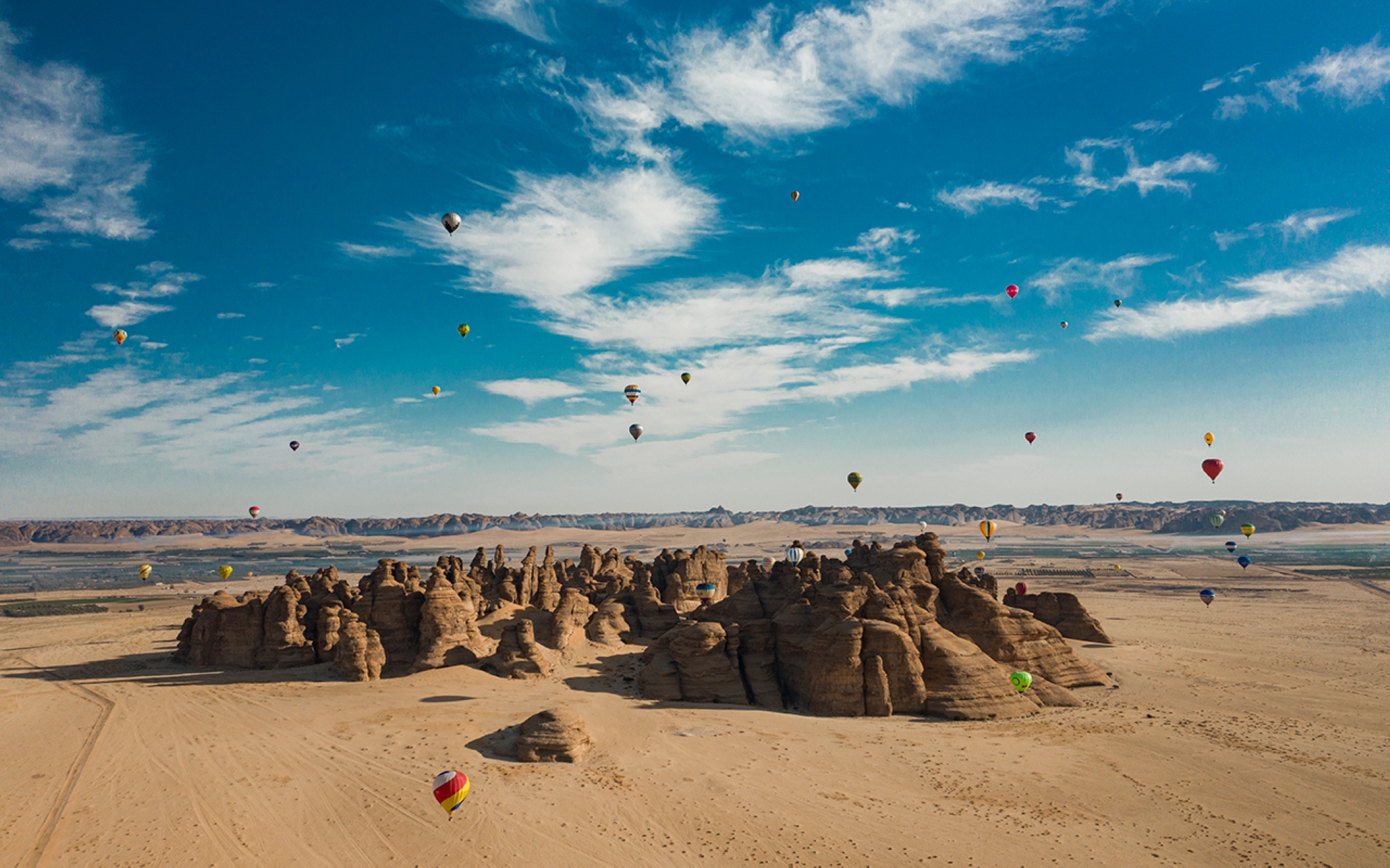 Hot air balloons in the al-Ula sky during the Tantora Winter Festival. (Royal Commission for al-Ula Governorate)