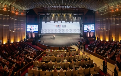 A picture of the National Theater during its inauguration ceremony at the King Fahd Cultural Center. The picture shows the Minister of Culture, Prince Badr Bin Abdullah Bin Farhan, giving a speech. (Darah)