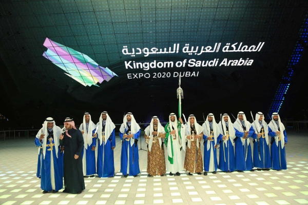 A troupe performing the Saudi Ardah at Expo 2020 Dubai. (SPA)