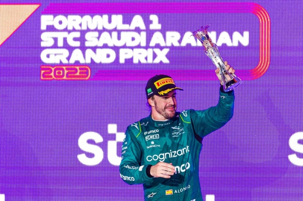 The moment Fernando Alonso won in the Formula One stc Saudi Arabian Grand Prix 2023. (SPA)