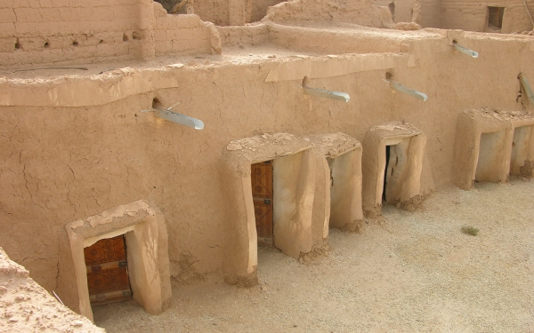 Mud buildings in the heritage town of Uyun al-Jiwa in al-Qassim Province. Leishman. King Abdulaziz Foundation for Research and Archives (Darah).