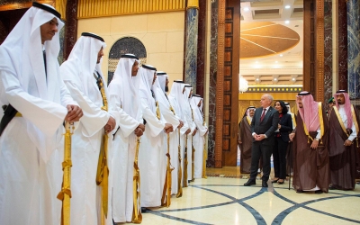 Al-Khoya lined up during the reception of a guest of the Kingdom. (SPA)