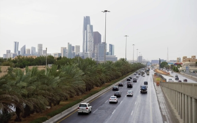 Aerial image of the Northern Ring Road in Riyadh during rainfall, with the King Abdullah Financial District towers visible. (SPA)