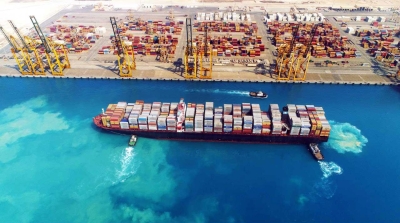 An aerial photo of King Abdullah Port showing a tanker loaded with containers. (SPA)