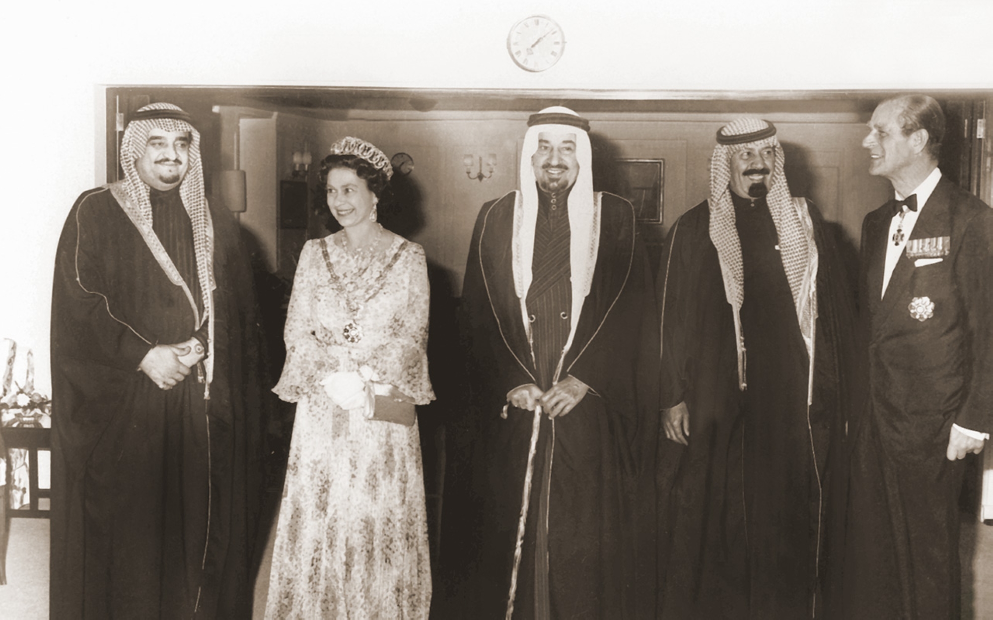 King Khalid with Queen Elizabeth in Riyadh, accompanied by King Fahd, King Abdullah, and Prince Philip. (King Abdulaziz Foundation for Research and Archives (Darah))