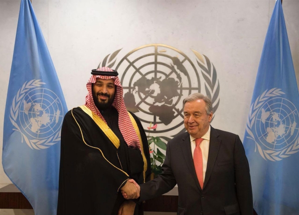 The Crown Prince and the UN Secretary-General sign a joint executive program agreement between the Kingdom and the UN to support and finance humanitarian response in Yemen. (SPA)