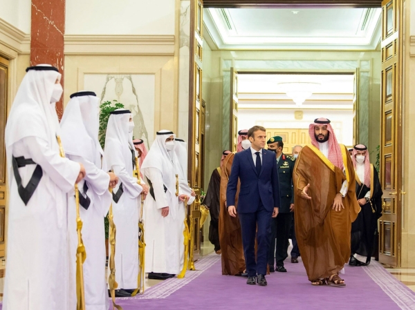 Crown Prince Mohammed Bin Salman during his reception of French President Macron. (SPA)