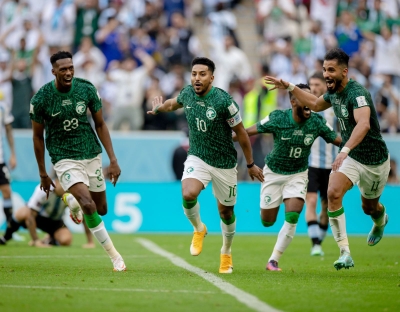 The Saudi national team players celebrate after scoring against Argentina. (Saudi Arabian Football Federation)