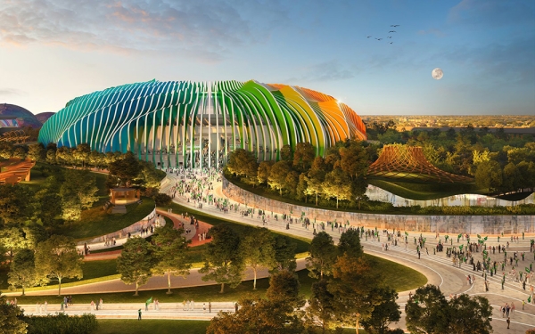 An illustration of Qiddiya Coast Stadium. (The media center of the Kingdom&#039;s bid to host the FIFA World Cup 2034)