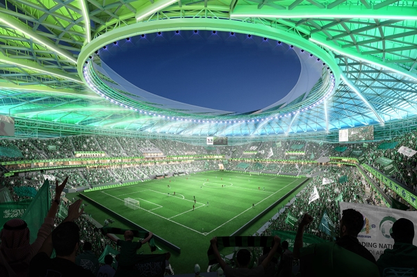 Design of Aramco Stadium bleachers. (The media center of the Kingdom&#039;s bid to host the FIFA World Cup 2034)