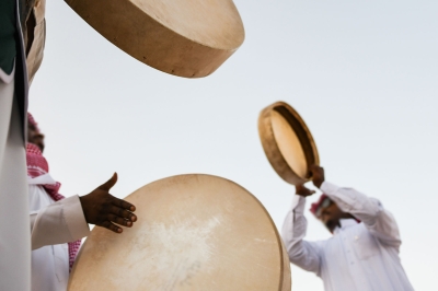 Drums, tambourines, and marawis are used in the performance of Labooni art in al-Ahsa. (Shutterstock)