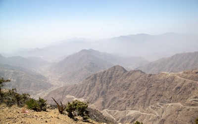 Part of the Sarawat Mountain Range showing one of the car routes. (King Abdulaziz Foundation for Research and Archives (Darah))