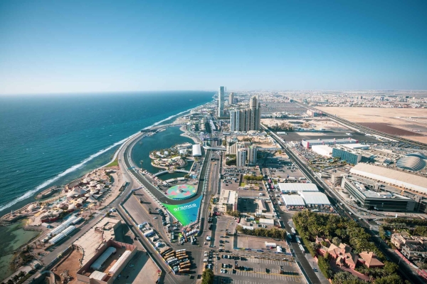 An aerial image of the Formula One race area on Jeddah waterfront. (Saudipedia)