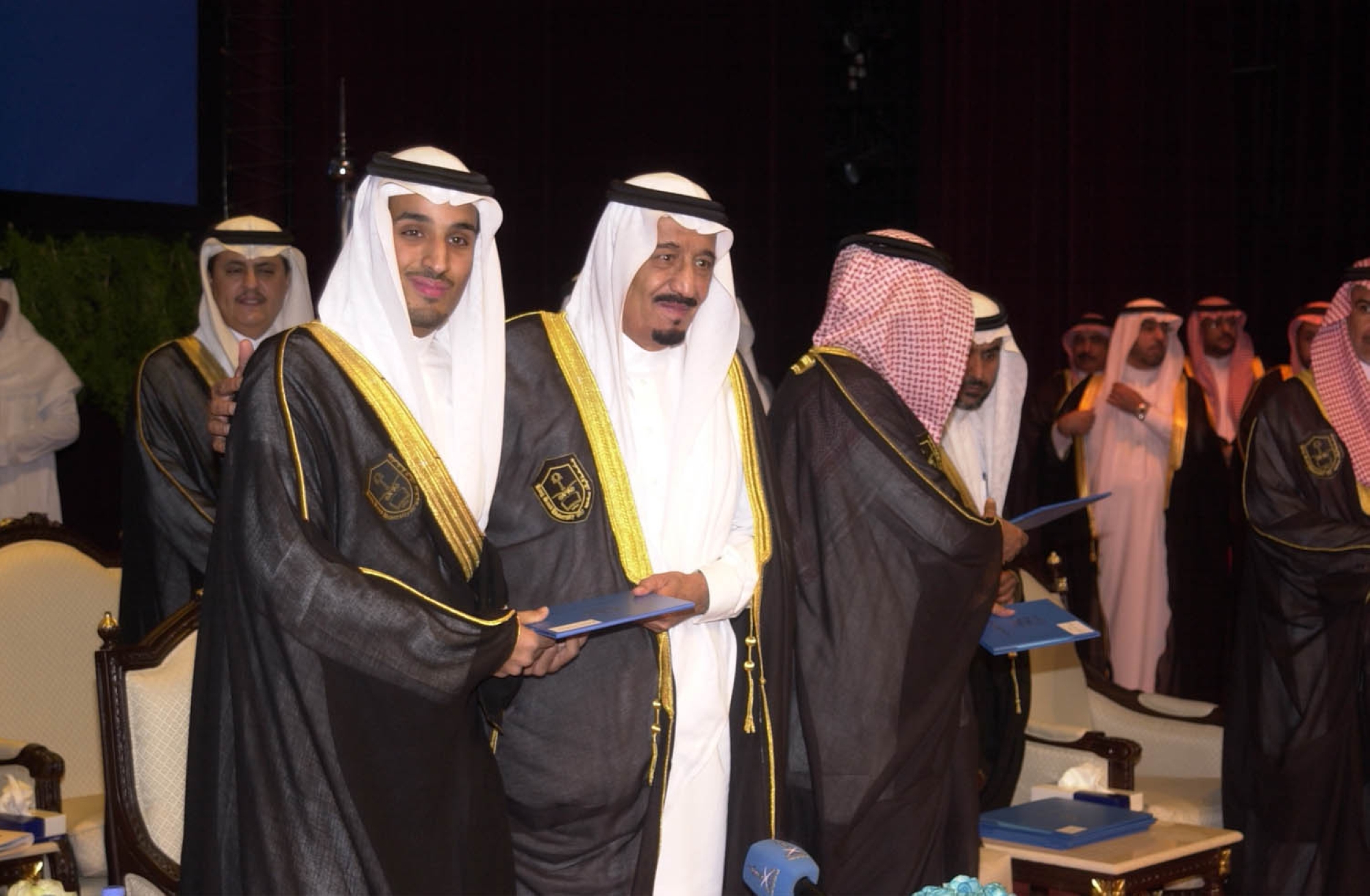 Prince Mohammed Bin Salman receives his graduation certificate at King Saud University from King Salman Bin Abdulaziz, Governor of Riyadh Province at that time. (SPA)