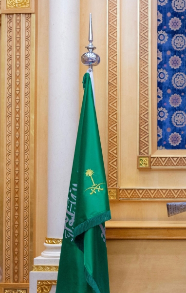 A flag featuring the emblem of the state, two swords and a palm tree. (RCRC Media Center)