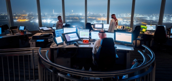 Air traffic controllers inside one of the control towers. (Media Center of the Saudi Air Navigation Services Company)