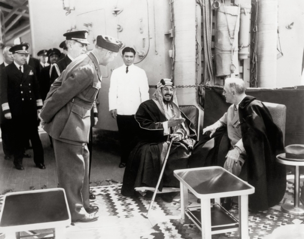 King Abdulaziz and U.S. President Franklin Roosevelt in 1945. (King Abdulaziz Foundation for Research and Archives (Darah))