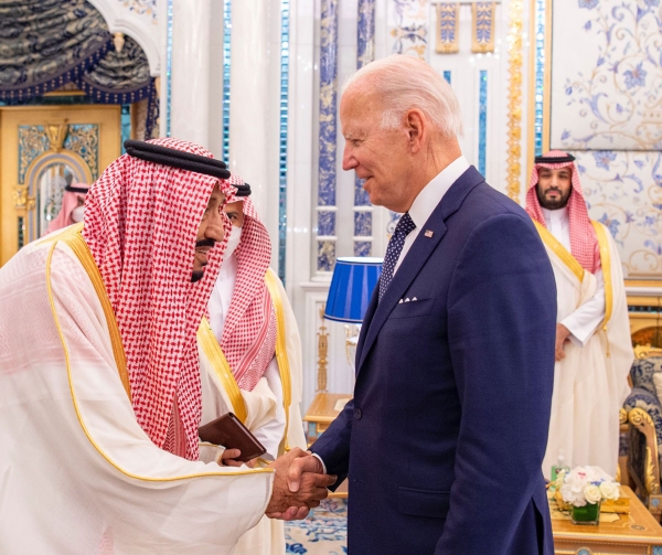 The Custodian of the Two Holy Mosques meets U.S. President Biden at Al-Salam Palace in Jeddah in 2022. (Media Center of the Ministry of Foreign Affairs)