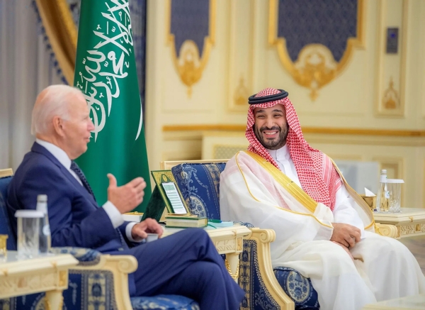 Crown Prince Mohammed Bin Salman receives U.S. President Joseph Biden in 2022. (SPA)