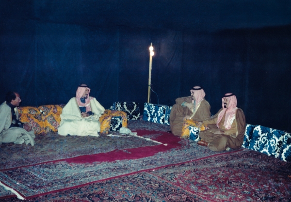 King Khalid Bin Abdulaziz, King Fahd, and King Abdullah, accompanied by Egyptian President Anwar Sadat, in Rawdat al-Khafs in 1976. (King Abdulaziz Royal Reserve)