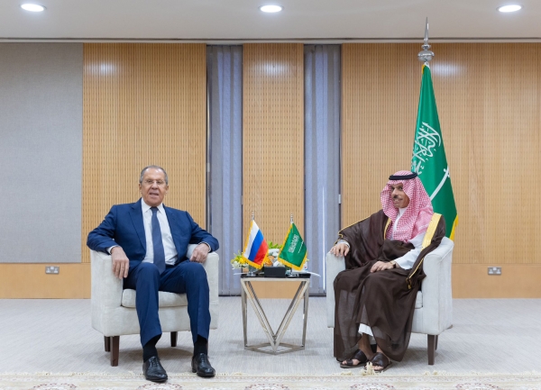 Minister of Foreign Affairs Prince Faisal Bin Farhan with Russian Foreign Minister Sergey Lavrov. (Media Center of the Ministry of Foreign Affairs)