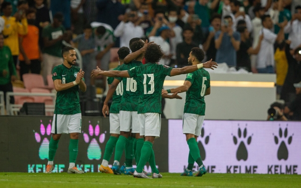 Célébration des joueurs de l'équipe nationale saoudienne senior contre l'équipe russe lors de la Coupe du monde. (Saudipedia)