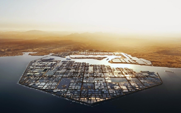 Illustration du projet portuaire de la ville d’Oxagon à Neom. (Centre médiatique de NEOM)