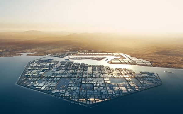 Représentation conceptuelle de la ville industrielle d’Oxagon du projet NEOM. (Centre médiatique de NEOM)