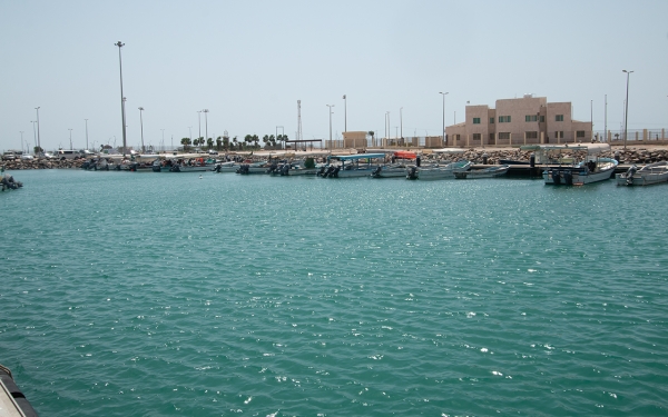 قوارب على شاطئ جزيرة فرسان، أكبر الجزر السعودية في البحر الأحمر. (سعوديبيديا)