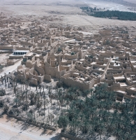 صورة جوية لأحياء الدرعية وتظهر حولها مزارع النخيل. (دارة الملك عبدالعزيز)