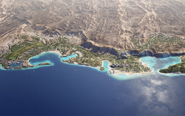 صورة تخيلية لمشروع "أمالا" الوجهة السياحية فائقة الفخامة على ساحل البحر الأحمر. (المركز الإعلامي لشركة البحر الأحمر الدولية)