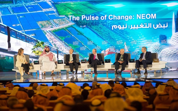 الأمير محمد بن سلمان اثناء حديثه عن مشروع نيوم في مبادرة مستقبل الاستثمار. واس (دارة الملك عبدالعزيز)