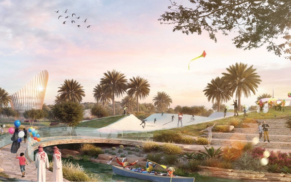 صورة تخيلية للتكوينات المائية في حديقة الملك سلمان بالرياض. (المركز الإعلامي للهيئة الملكية لمدينة الرياض)