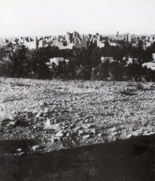 صورة من خارج حي الطريف بالدرعية تظهر بها المنازل الطينية ومزارع النخيل. جيرارد ليتشمان. 1912. (دارة الملك عبدالعزيز)