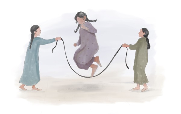 رسم تخيلي للعبة نط الحبل الشعبية قديمًا. (سعوديبيديا)