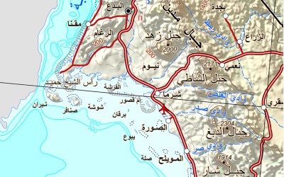 موقع جزيرة صنافر على ساحل البحر الأحمر السعودي في منطقة تبوك. (الهيئة العامة للمساحة والمعلومات الجيومكانية)