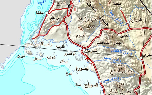 موقع جزيرة صنافر على ساحل البحر الأحمر السعودي في منطقة تبوك. (الهيئة العامة للمساحة والمعلومات الجيومكانية)