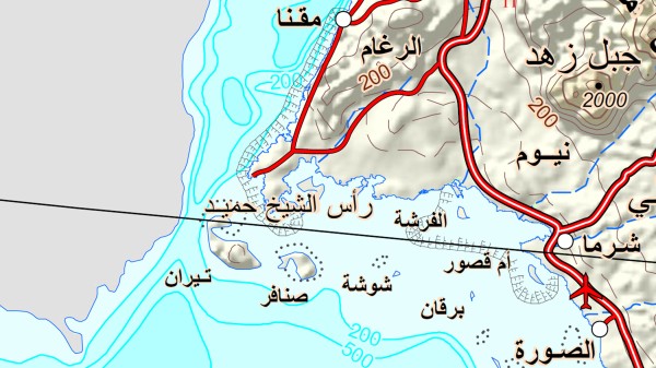 موقع جزيرتي تيران وصنافر على ساحل البحر الأحمر السعودي في منطقة تبوك. (الهيئة العامة للمساحة والمعلومات الجيومكانية)